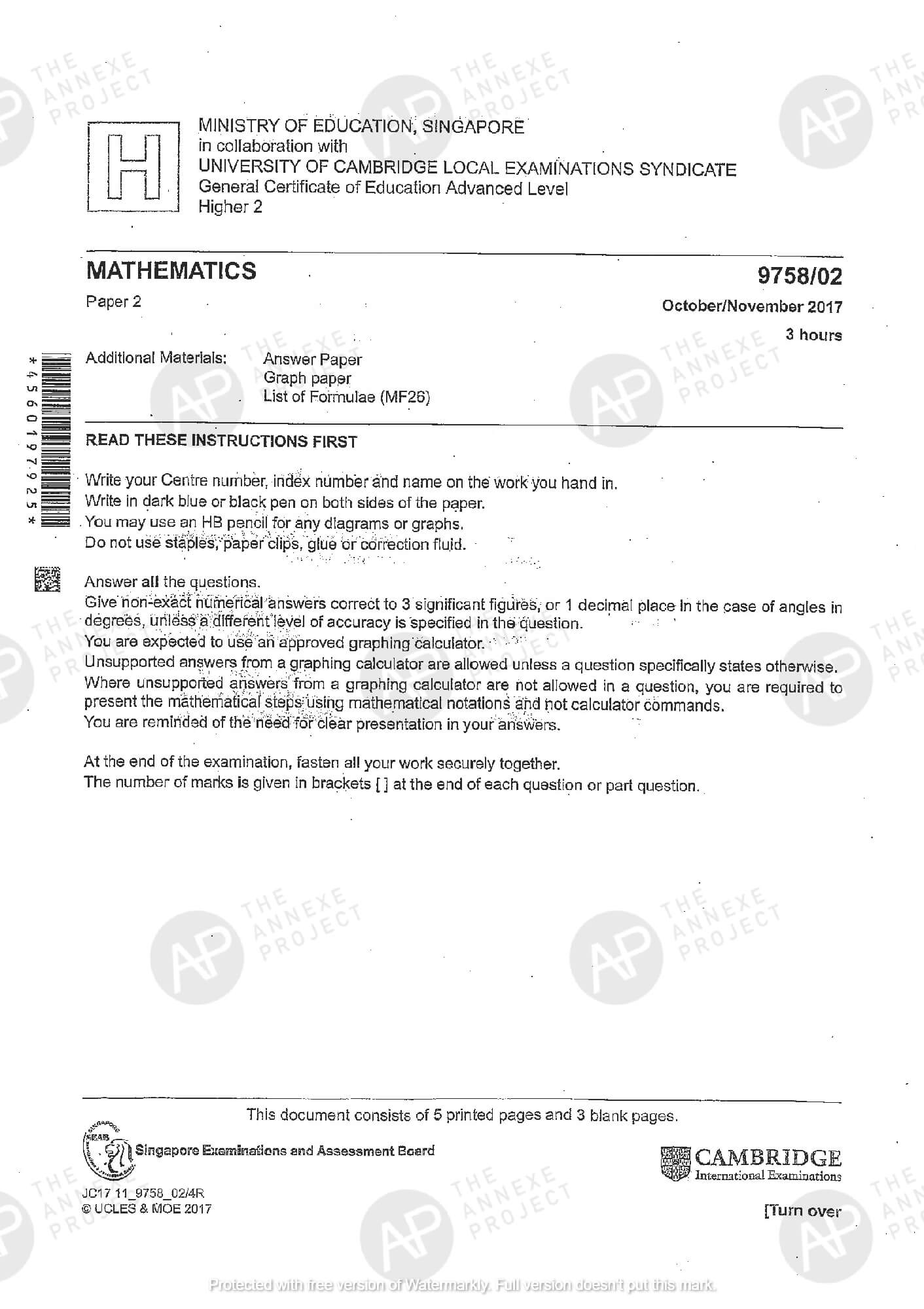 2017 A Level H2 Mathematics Paper 2 The Annexe Project tuition center solution Page 01