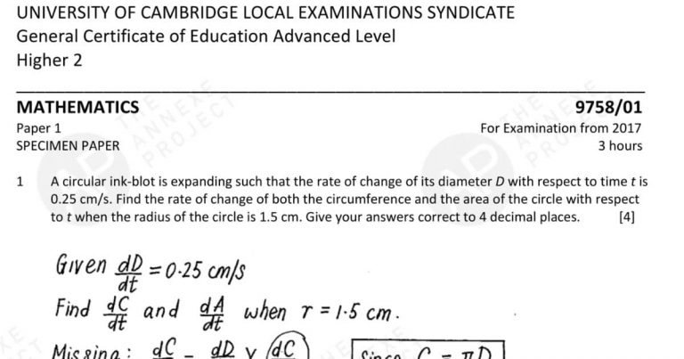 2017 gce a level h2 mathematics specimen paper 1 solution