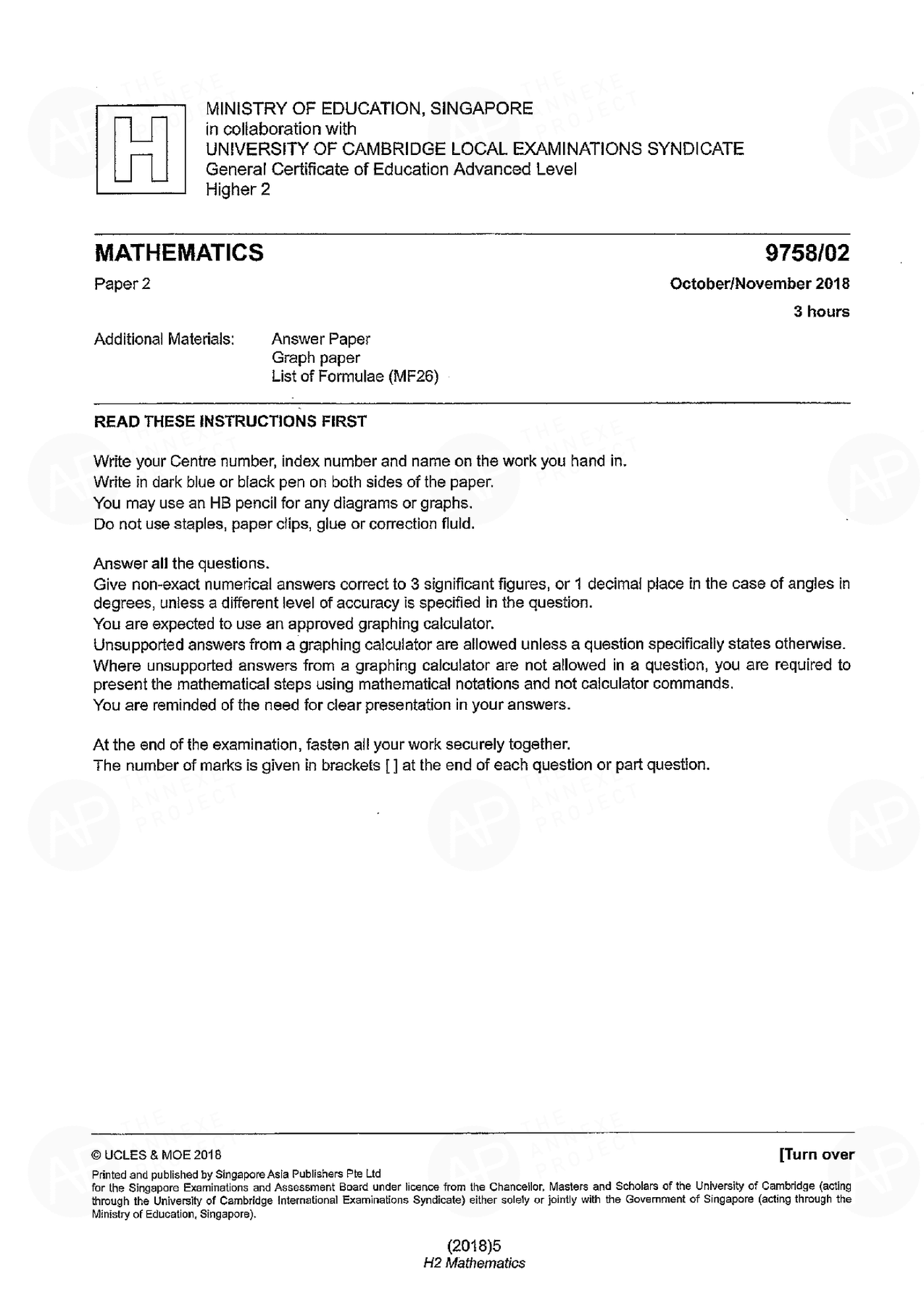 2018 A Level H2 Mathematics Paper 2 page 01 fs8