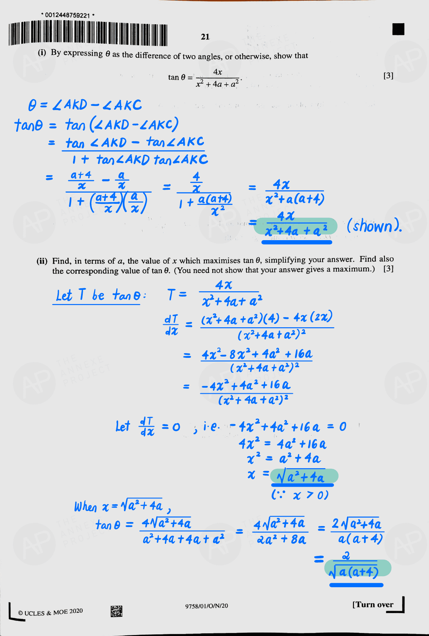 2020 A level H2 Mathematics Paper 1 page 21 fs8