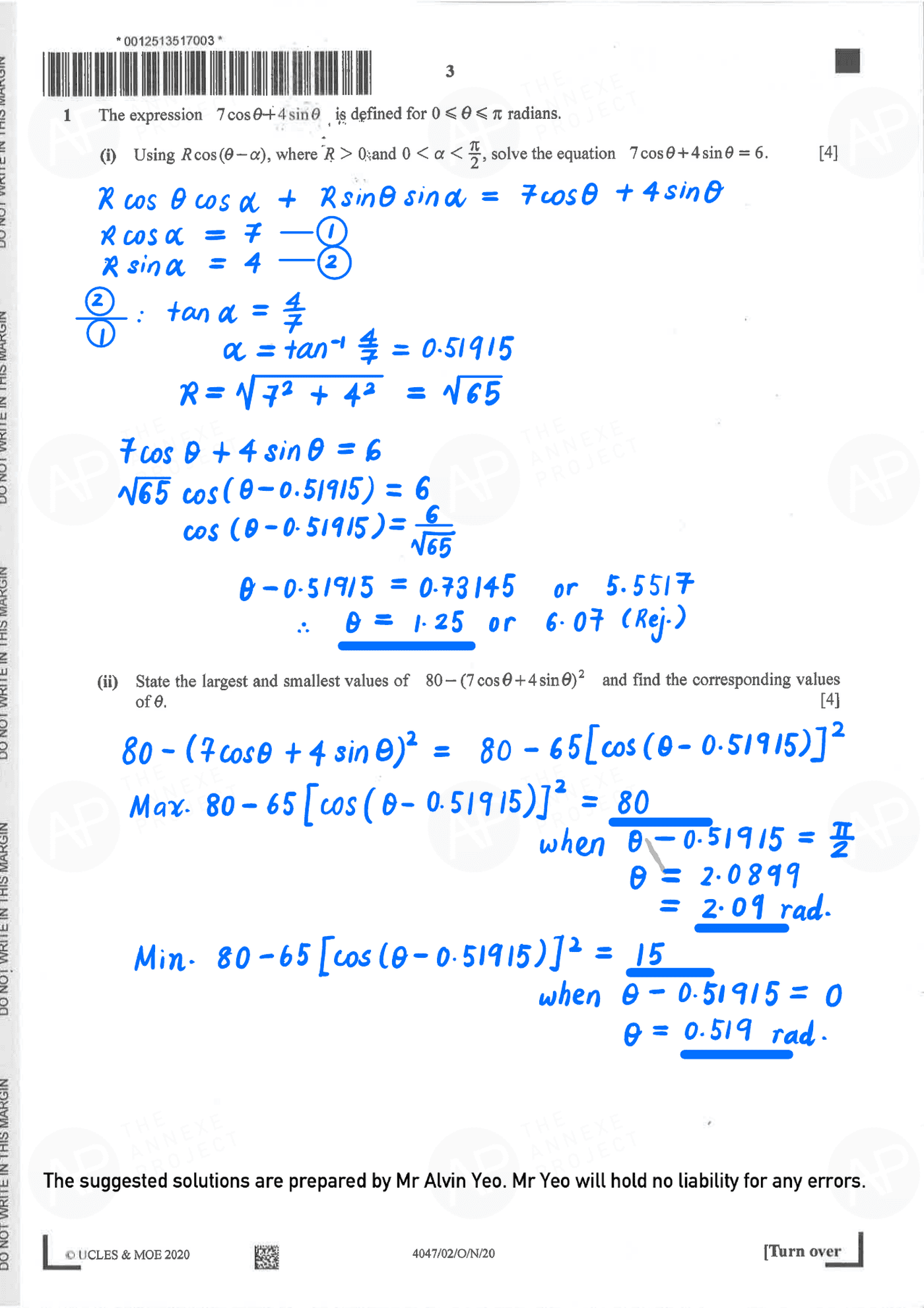 2020 O Level A Math Paper 2 Solutions page 01 fs8