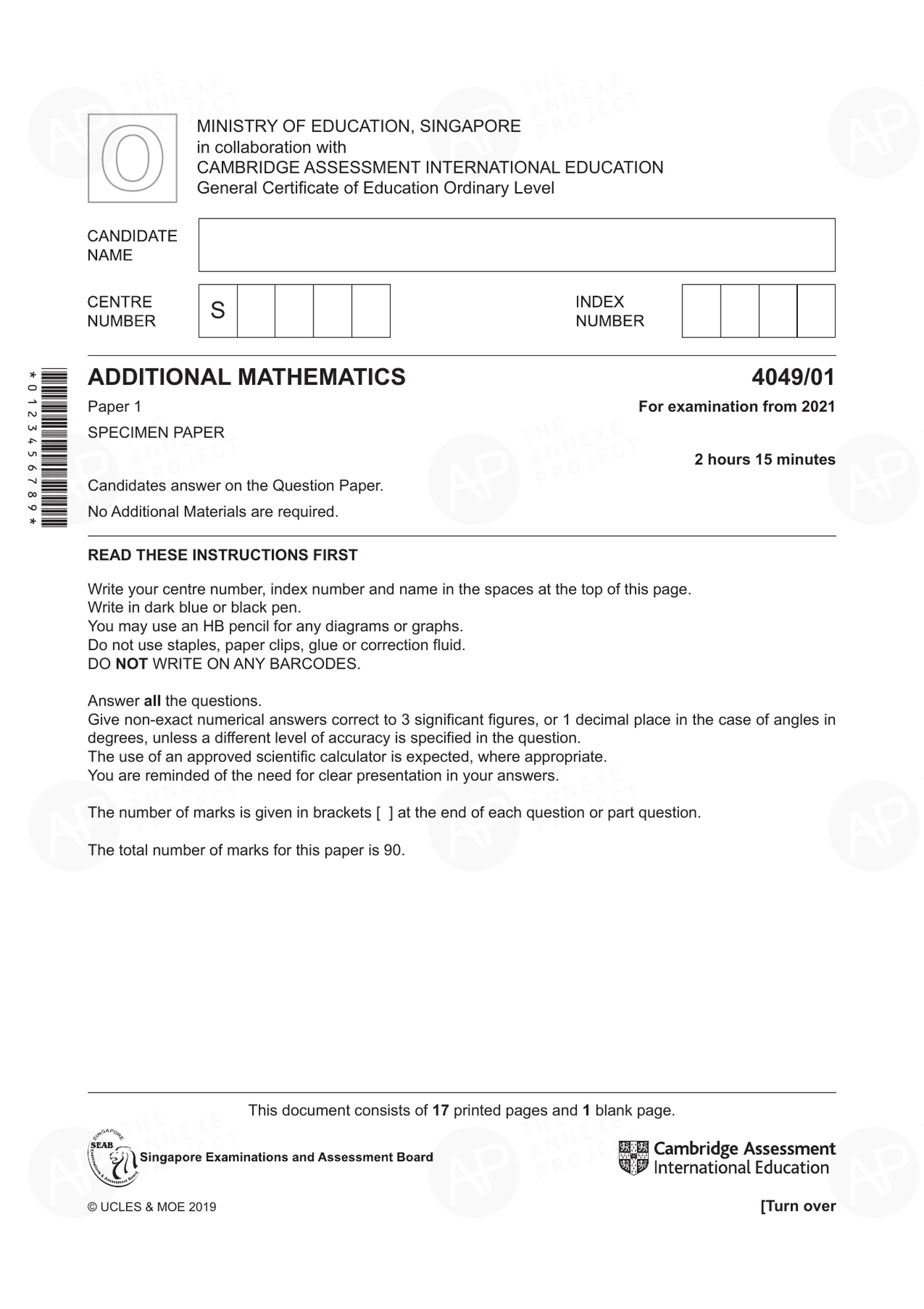 2021 O Level Additional Mathematics Specimen Paper 1 page 01 fs8