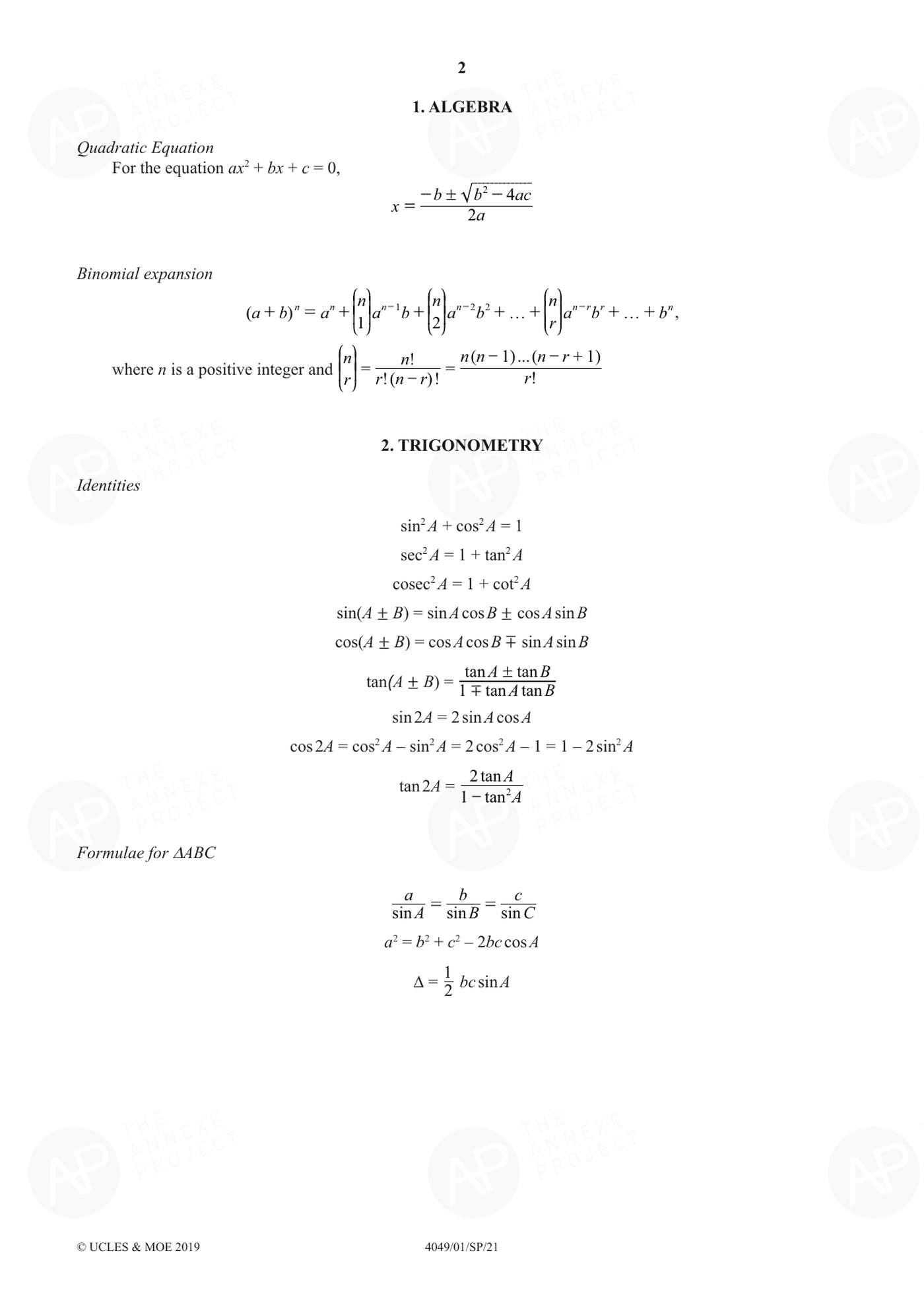 2021 O Level Additional Mathematics Specimen Paper 1 page 02 fs8