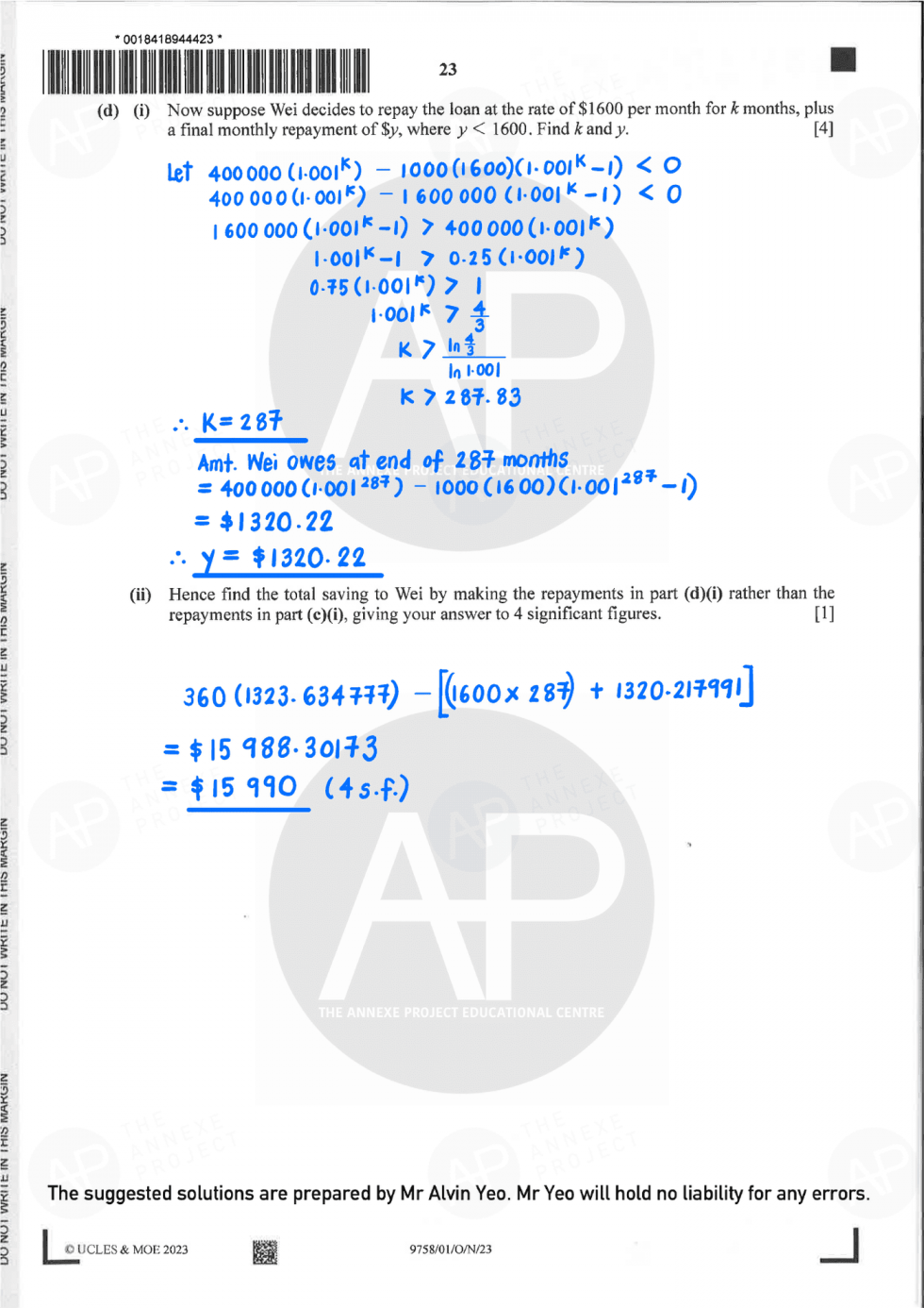 H3 Math Paper 2023 GCE A LEVEL H2 MATHEMATICS PAPER 1 SOLUTION - The Annexe Project