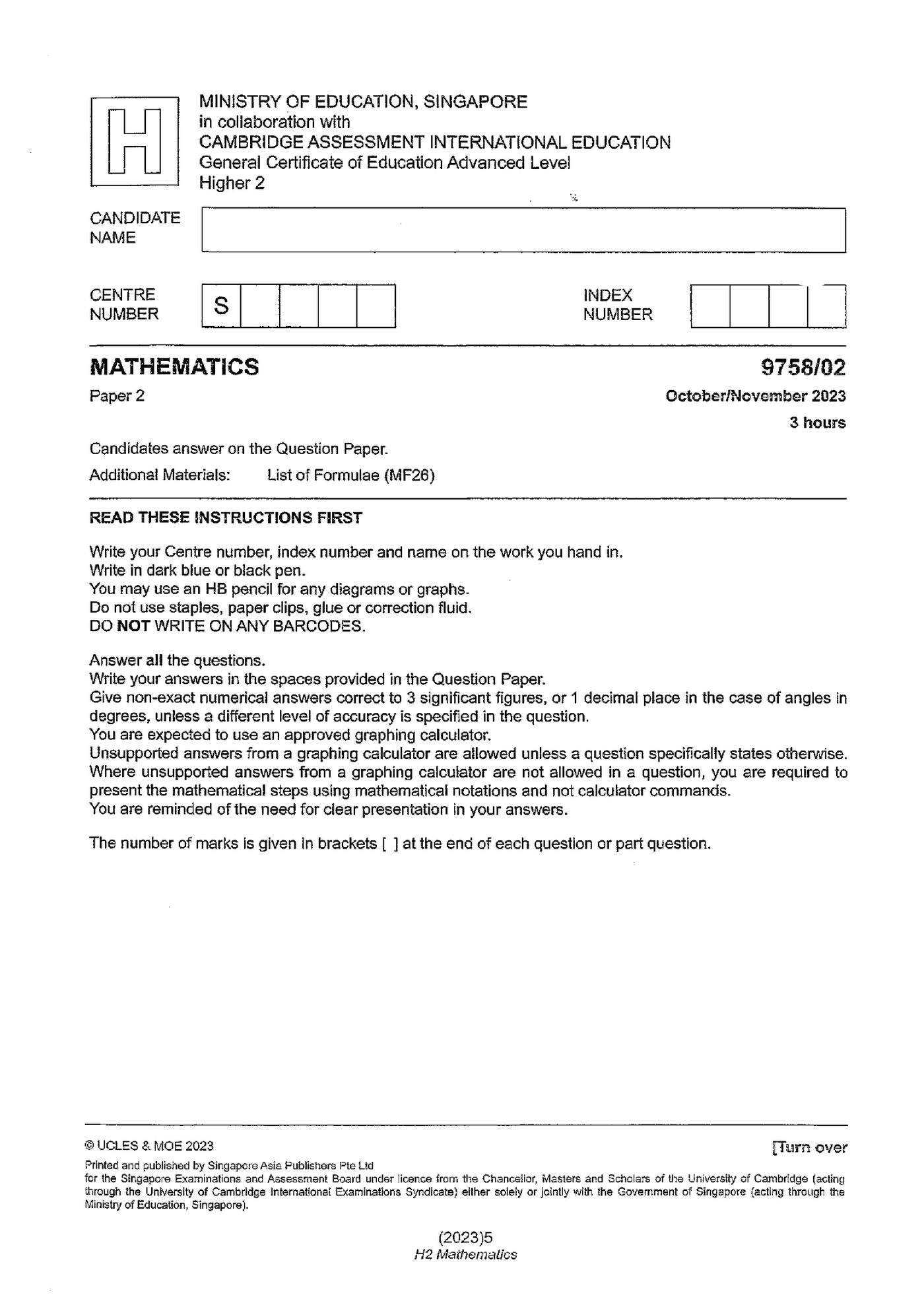 2023 A Level H2 Mathematics Paper 2 page 01