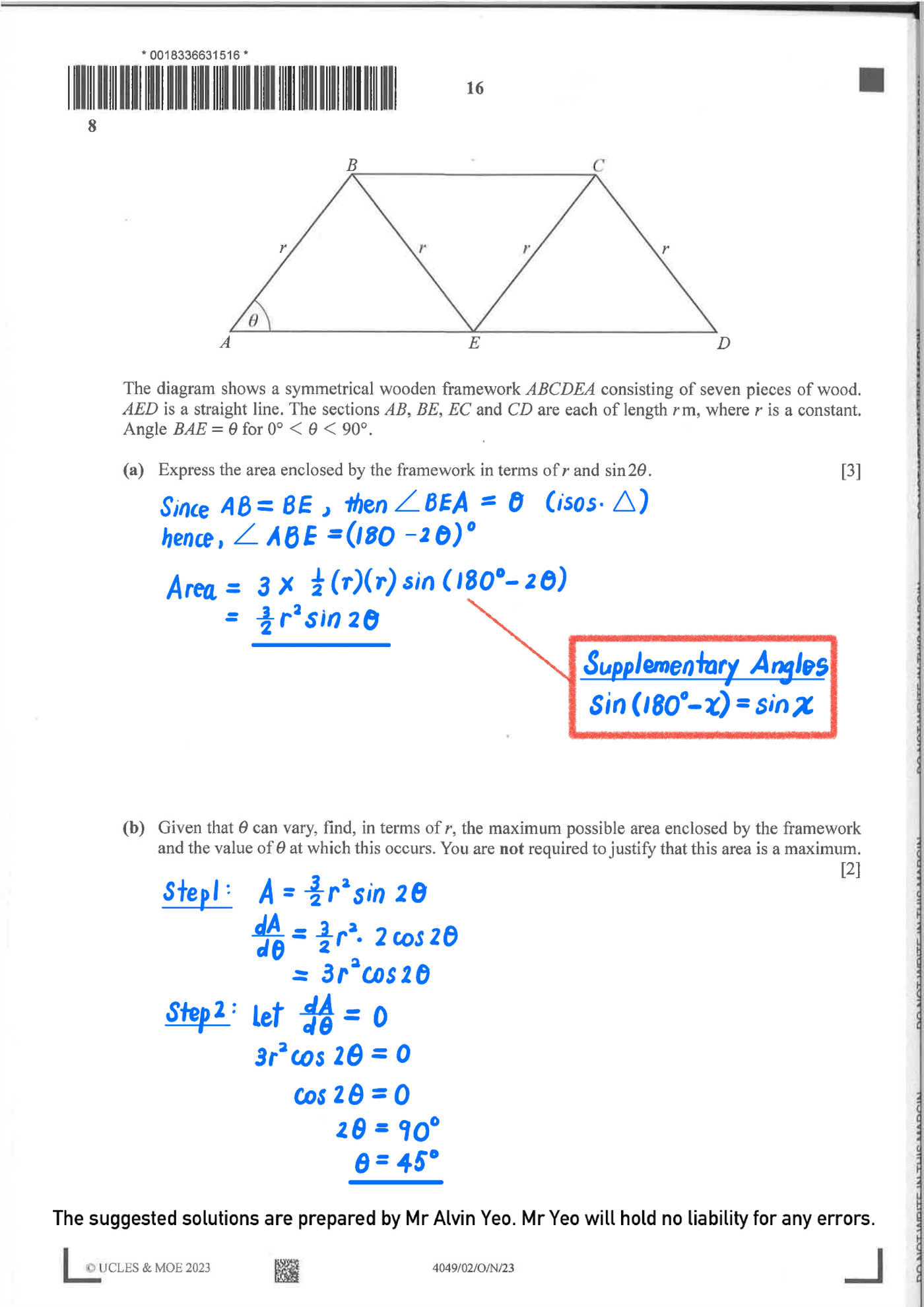 2023 O Level A Math Paper 2 solutions page 16