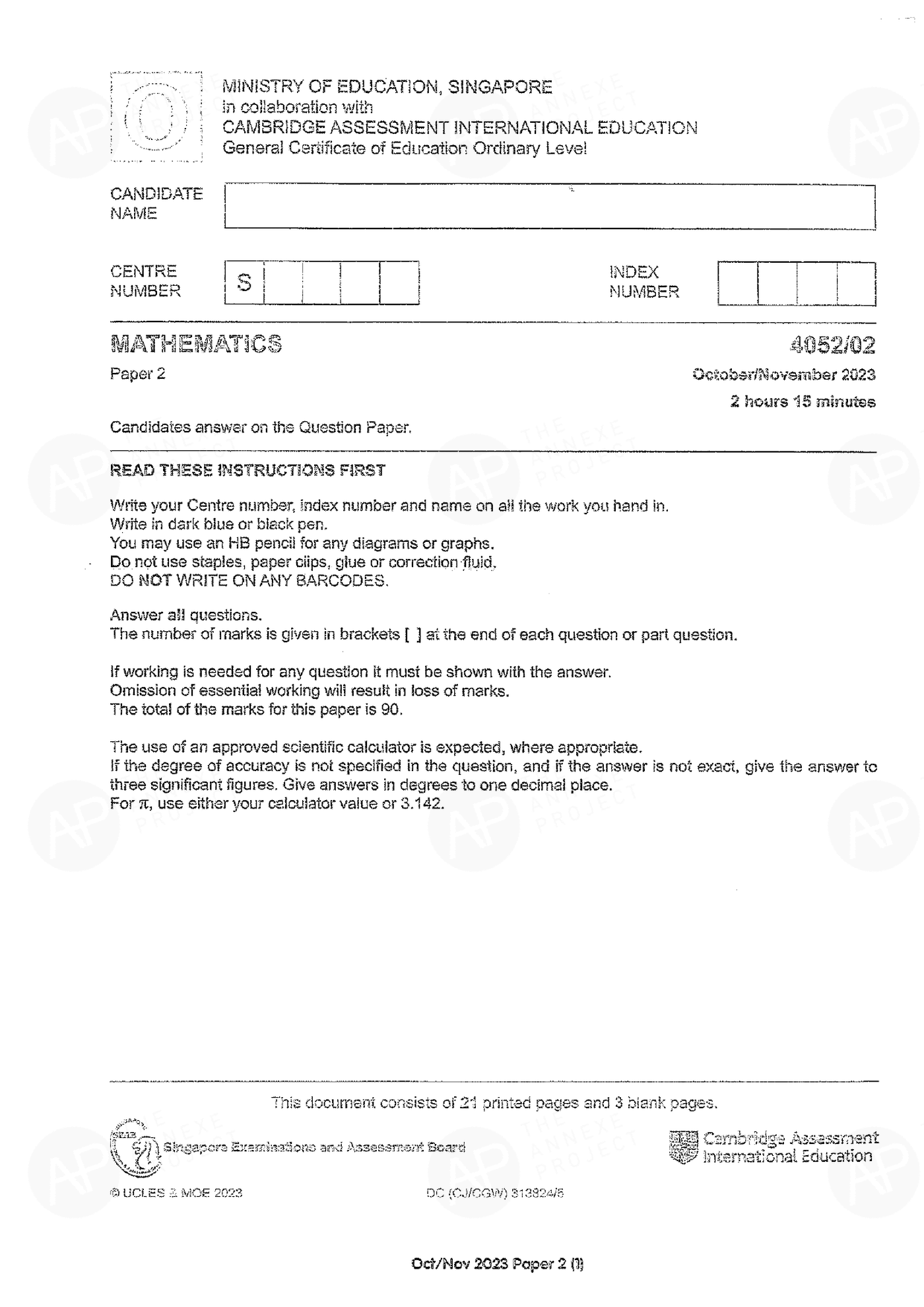2023 O Level Elementary Mathematics Paper 2 page 01 fs8
