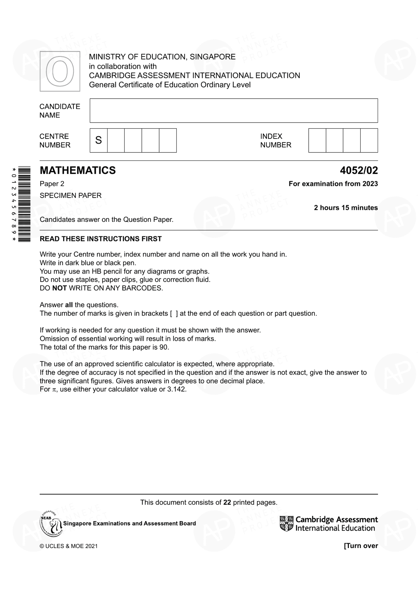2023 O Level Elementary Mathematics Specimen Paper 2 page 01 fs8