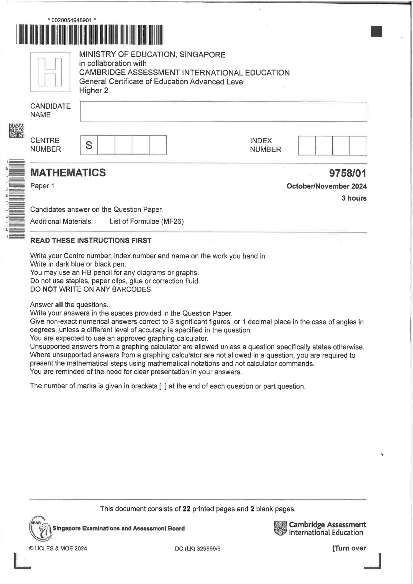 2024 A Level H2 Mathematics Paper 1 page 01