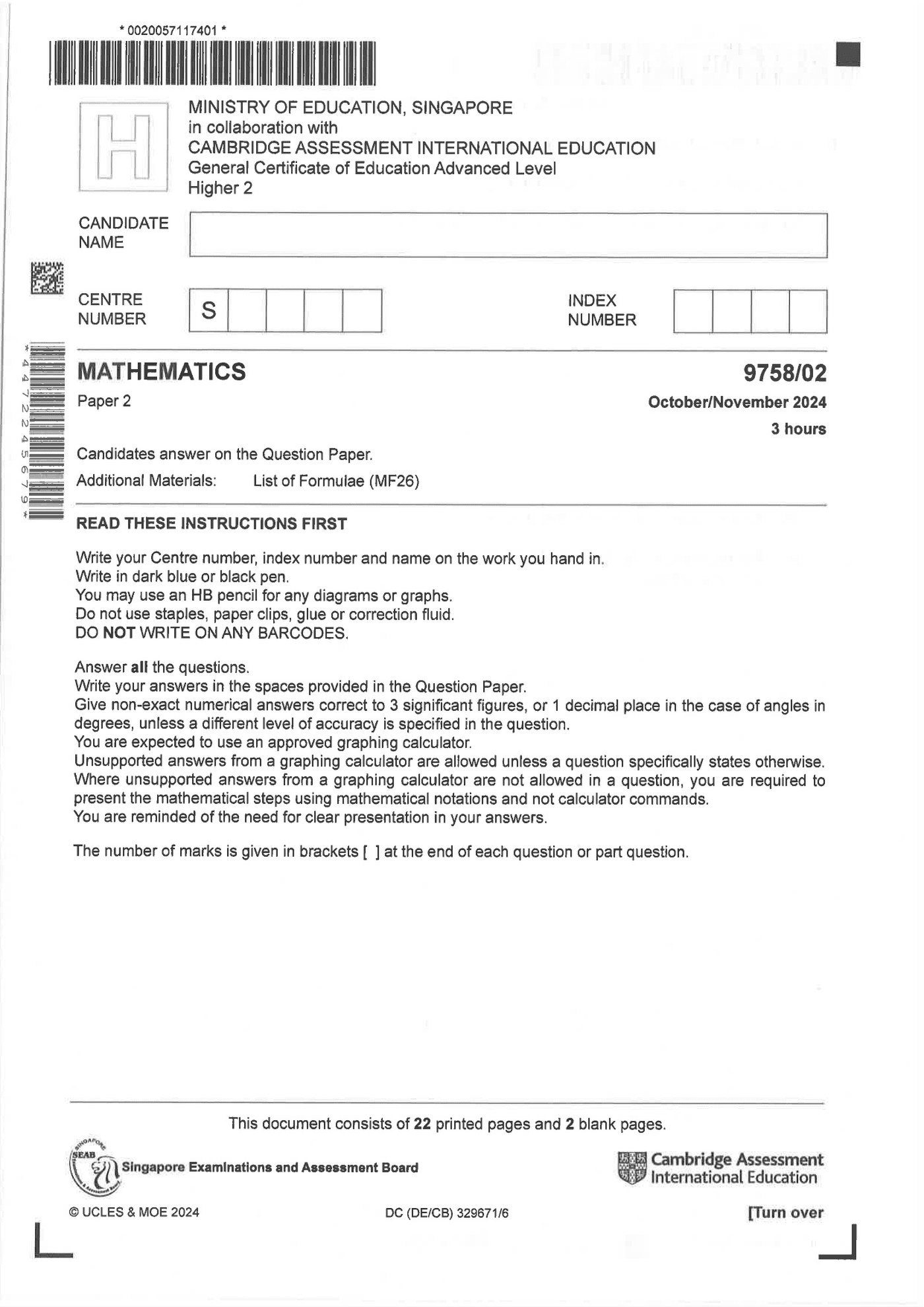 2024 A Level H2 Mathematics Paper 2 page 01