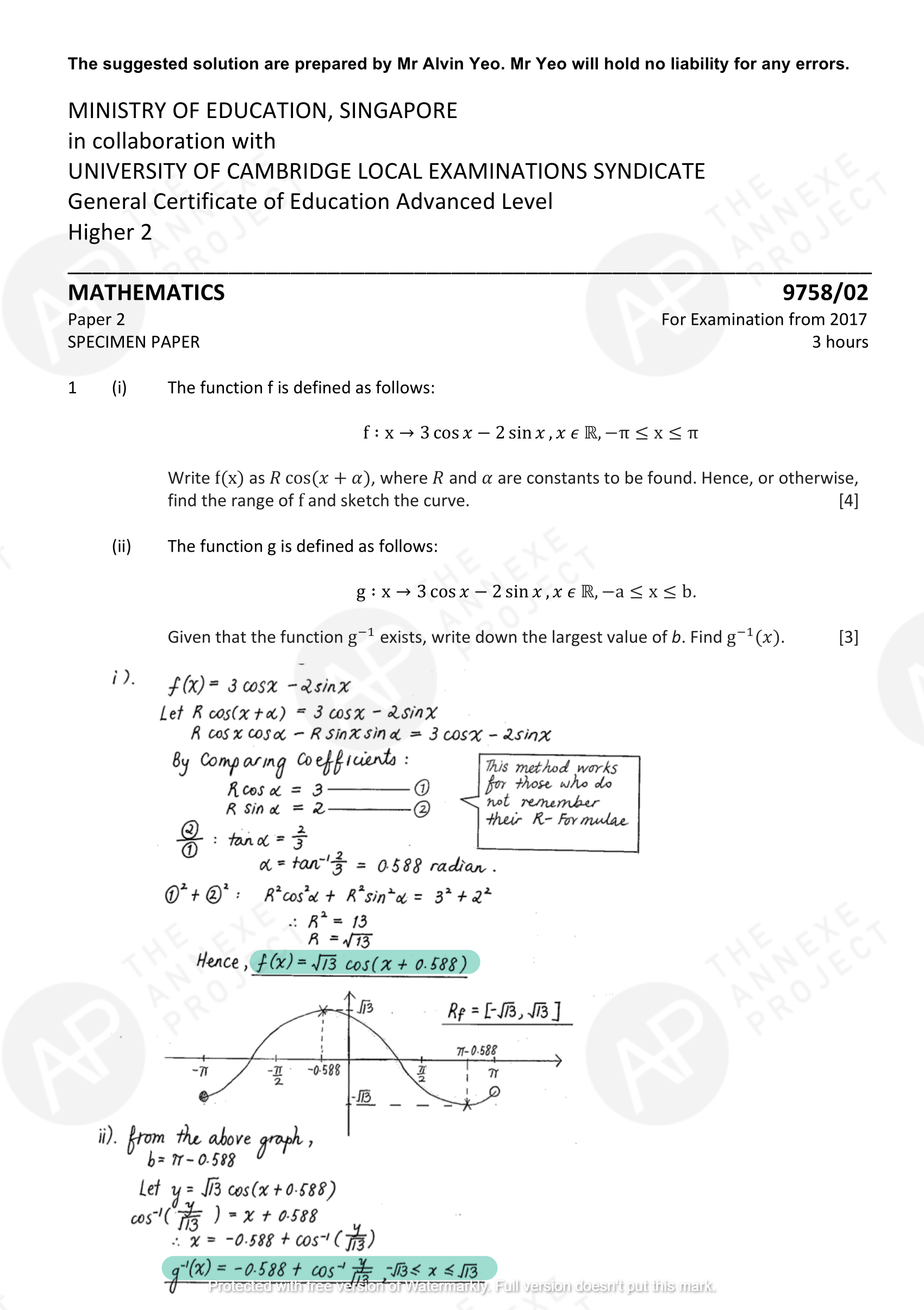 The Annexe Project A Level H2 Math Tuition 2017 A Level Specimen Paper 2 solution 01