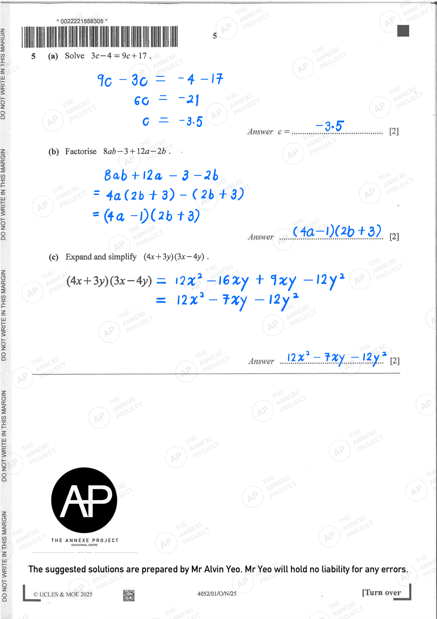 2025 O-LEVEL E MATH PAPER 1 SOLUTION 5 2025 O Level Elementary Mathematics Paper 1 Solutions page 05 fs8 1