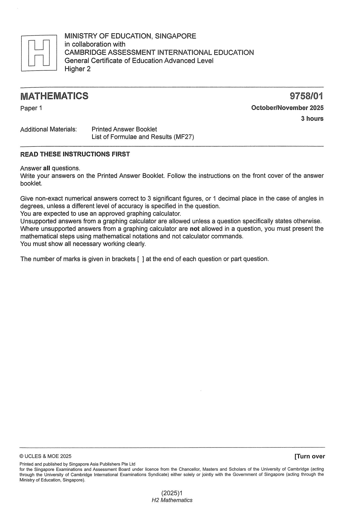 2025 GCE A Level H2 Mathematics Paper 1 Solution 2 2025 A Level H2 Mathematics Paper 1 page 01