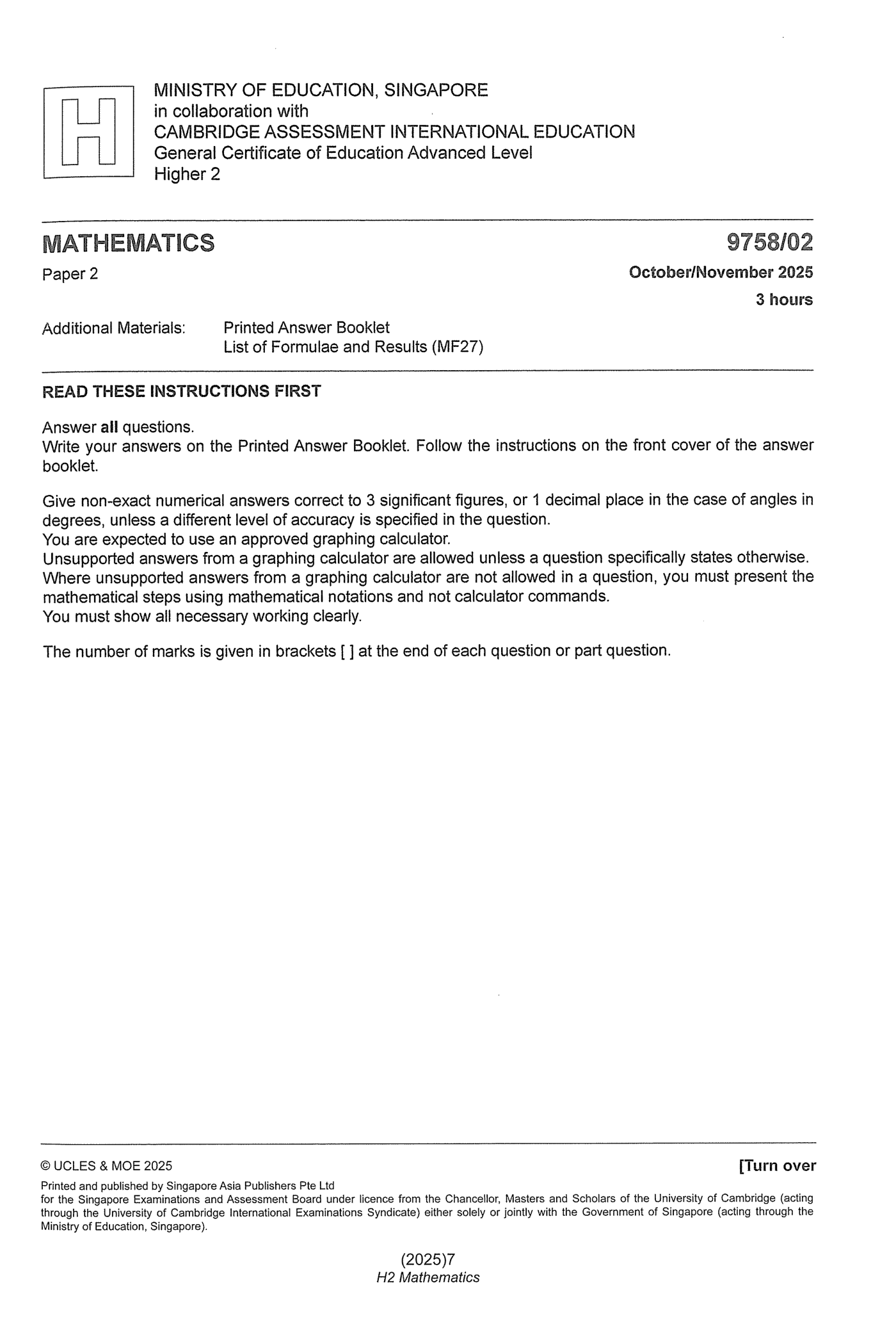 2025 GCE A Level H2 Mathematics Paper 2 Solution 2 2025 A Level H2 Mathematics Paper 2 page 01